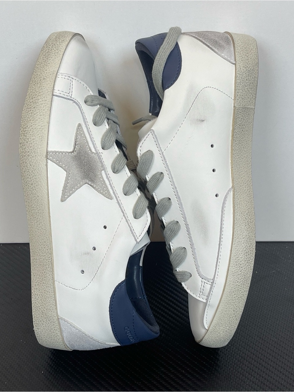 White Leather Sneakers with Silver Star and Navy Heel
